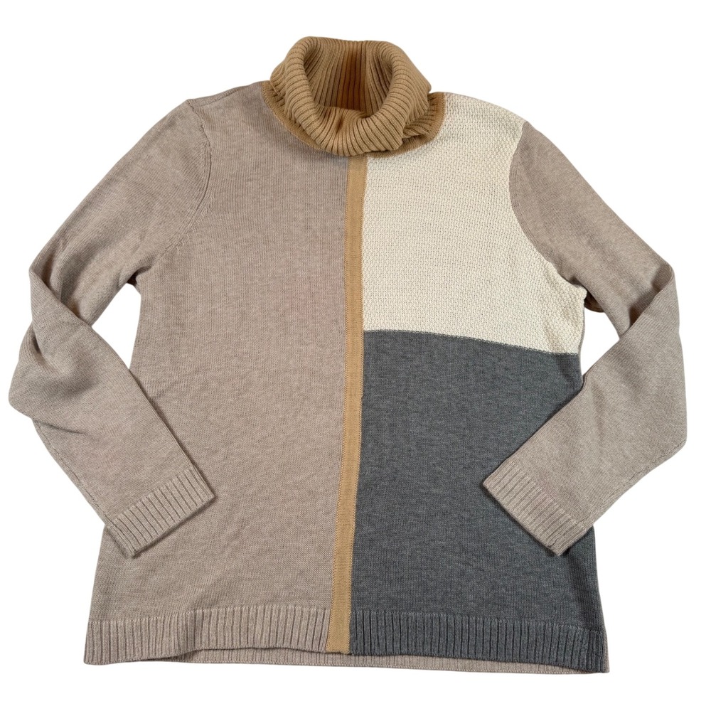 NEW Chico's Mod Colorblock Cleo LS Pullover Turtleneck Sweater Sz 1 Med Tan Gray